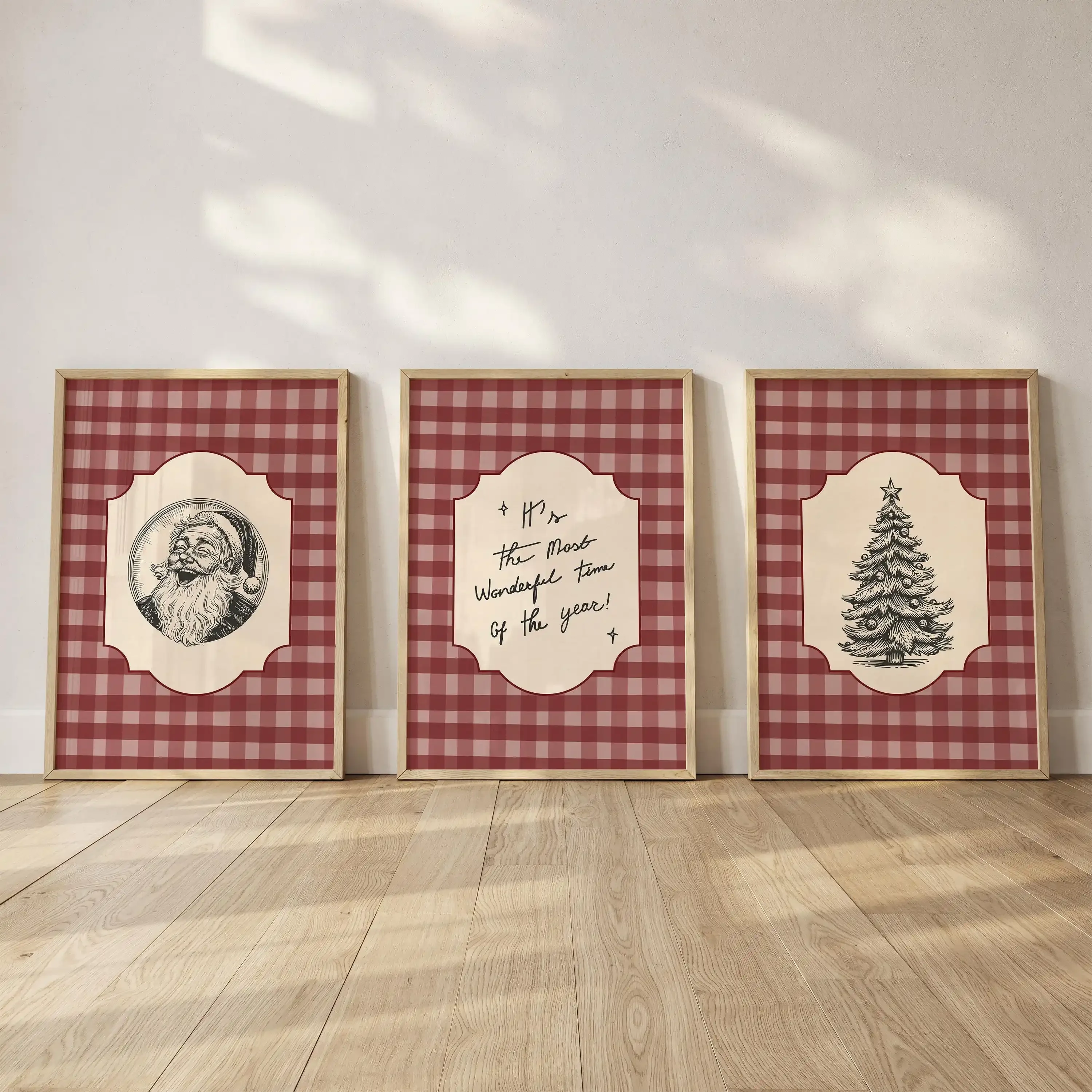 3PCS Large-sized frameless canvas paintings,3pcs/Set Vintage Burgundy Plaid Christmas Poster Frameless Trendy Holiday Poster Whi