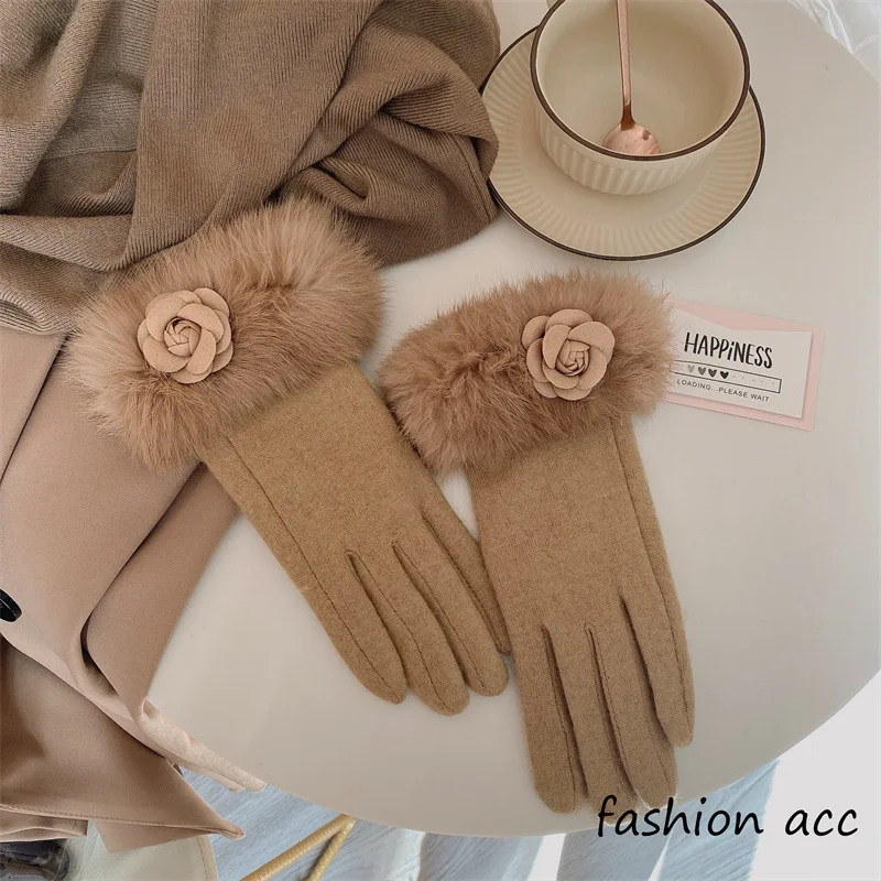 1Pair Winter Cashmere Ladies Keep Warm Thick Gloves Camellia Flower Five Finger Touch Screen Outdoor Riding Fleece-lined Gloves