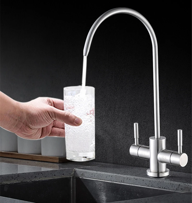 1/4\'\' Drinking Water Filter Kitchen Faucet Stainless Steel Double Holes Water Purifier Tap Reverse Osmosis RO Faucet 360° Swivel