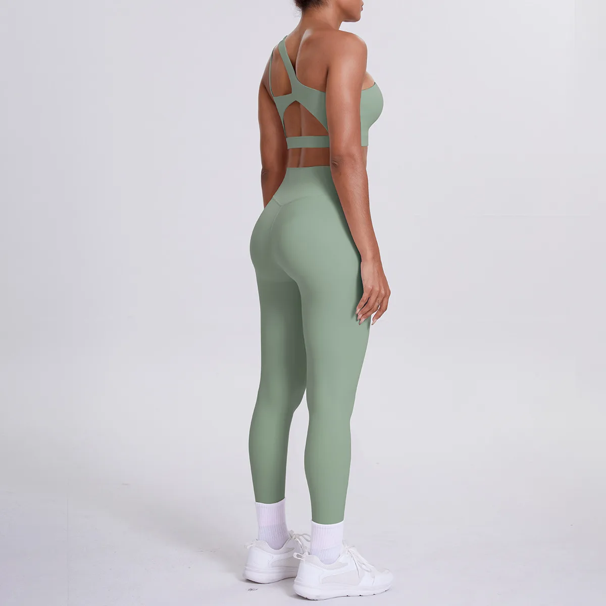 طقم يوجا مزدوج الجوانب بكتف واحد للنساء من النايلون المصقول، ملابس للتمرين في صالة الألعاب الرياضية واللياقة البدنية مكونة من قطعتين مع سراويل طويلة