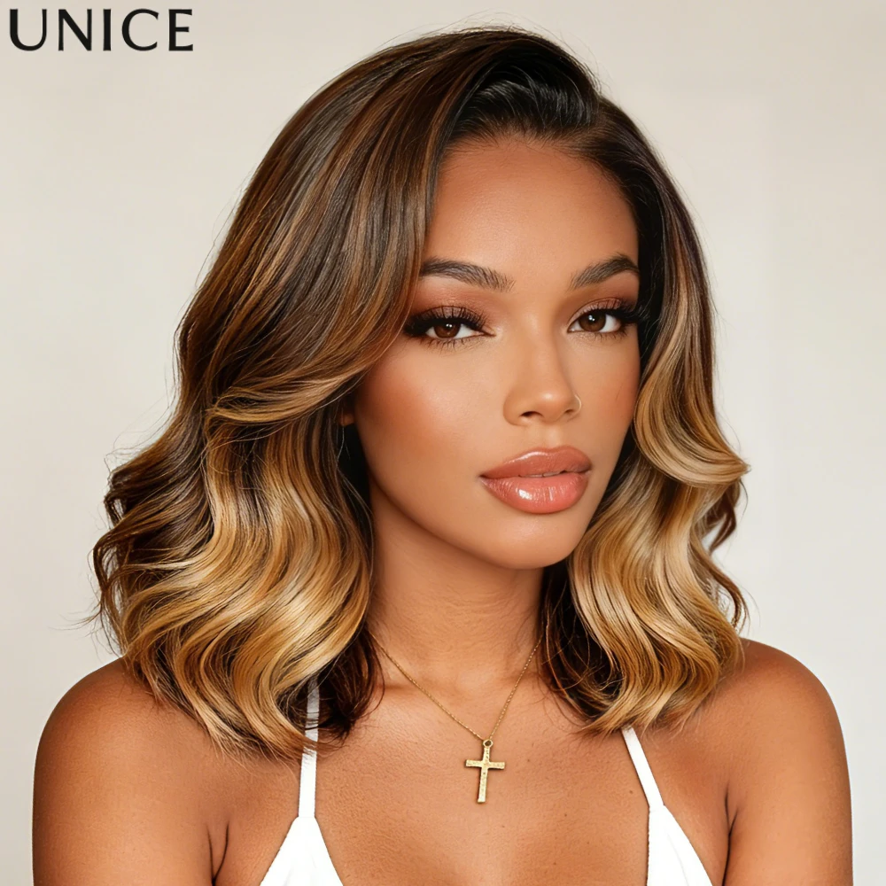 UNice 7x5 Bye Bye Slip™ Lace Brown With Blonde Highlights Wavy Bob Wig with Layers & Drawstring Shoulder-Length Bob Human Hair Wig Pre Cut Pre Bleached Glueless Wig Ready To Wear Go 150% Density