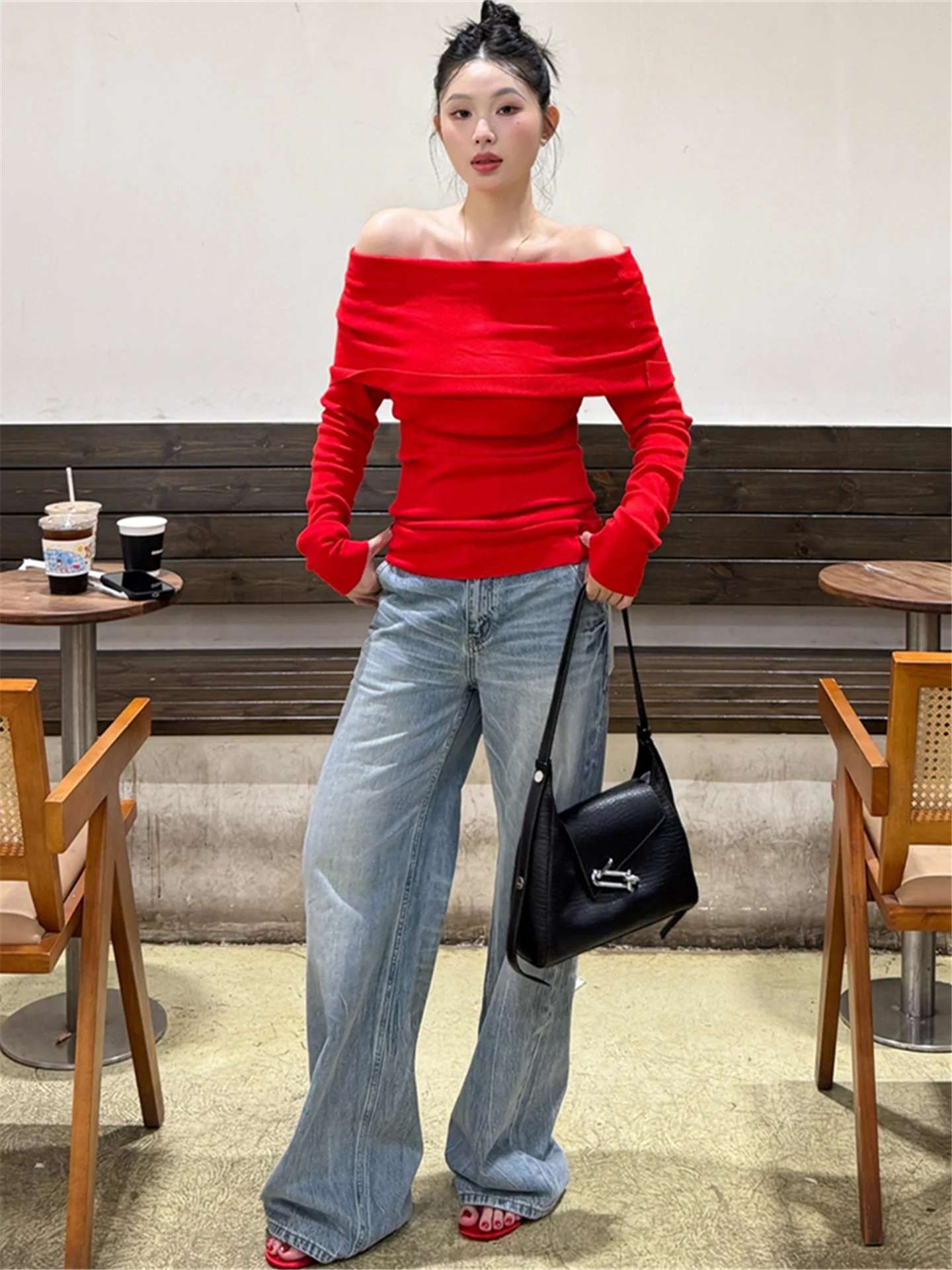 

Retro Light Blue Wide Leg Jeans Women's Loose Slimming Taller Extended Design Straight Low Waist Pants Casual Cotton Spring