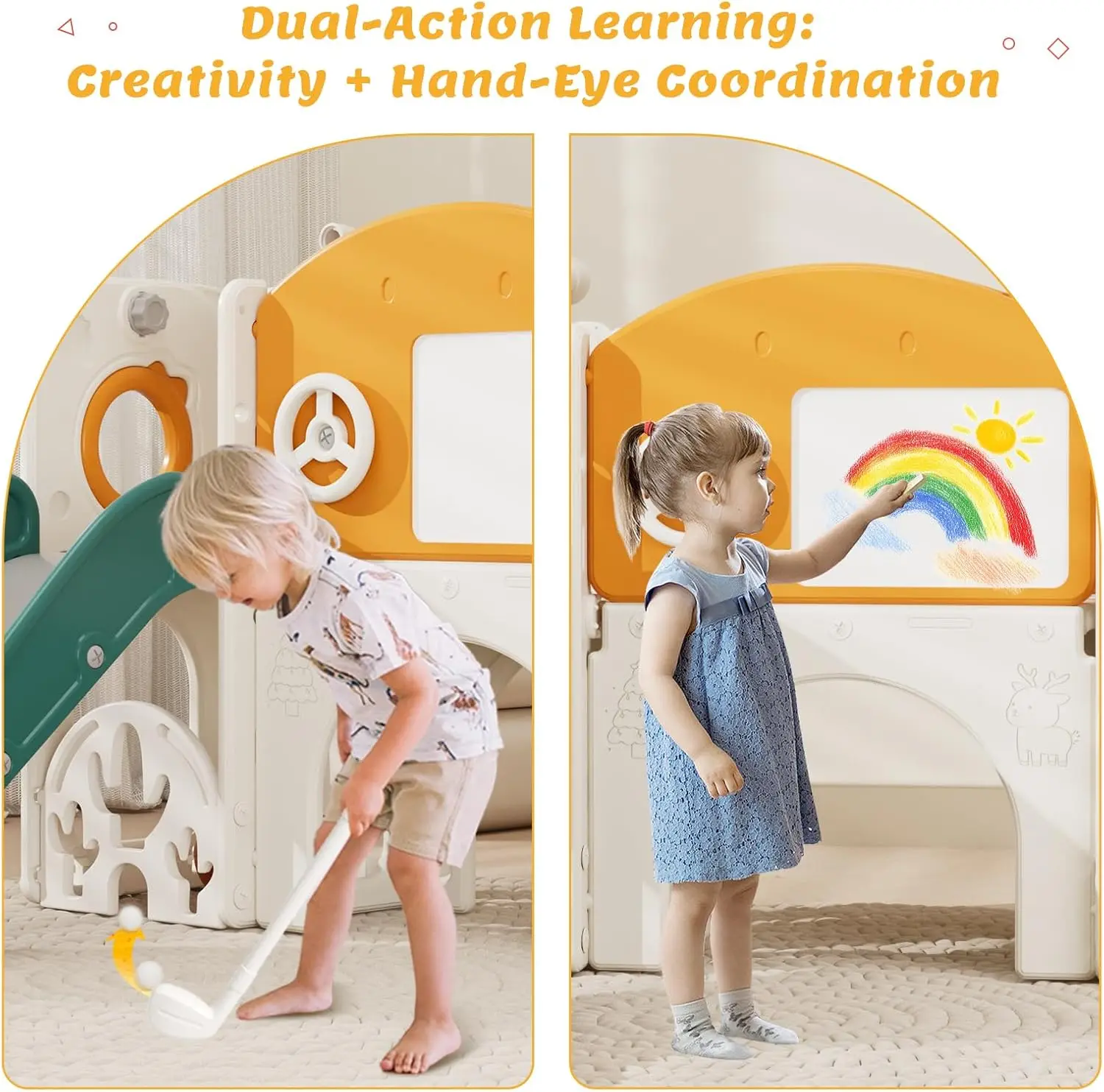 Toddler Playground Playset for 1-3 Year Olds with Golf, Drawing Board, Slide, Basketball Hoop & Storage