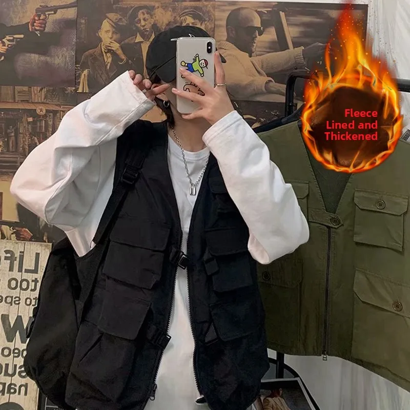 Loose Fit Men's Fleece Lined Thickened Warm Sleeveless Vest Fashionable Autumn Winter Outerwear Unisex V-Neck Casual Jacket