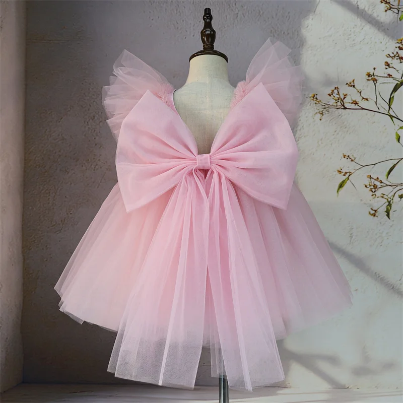 Baby Kids Princess Tulle Pearls Bow Flower Girl Dress Children First Communion Dress Ball Gown Wedding Party Dress Birthday