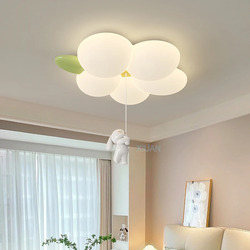 Romantic Flower Ceiling Lamps with Hanging Rabbit White PE Sconces Children\'s Bedroom Ceiling Light for Kids Girl Boy Room Decor