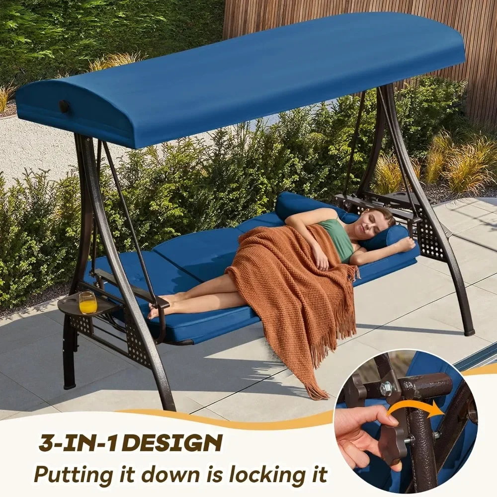 Patio Swing Chair With Thickened Cushions Garden 3 Seat Outdoor Swing for Adults Pillows&Cup Holders 3 in 1 Outdoor Porch Swing