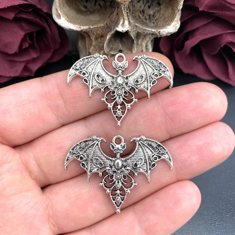 5 Stück Gothic-Vampirfledermaus-Anhänger, antikes Silber, barocker Fledermaus-Anhänger für Halsketten, Ohrringe, DIY-Halloween-Schmuckzubehör – Detail 3