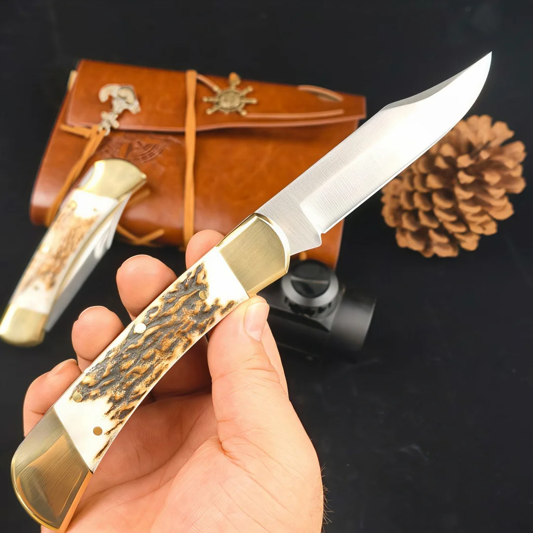utility-knife-440c-steel-deer-horn-handle-with-integrated-brass-sheet-for-camping-fruit-cutting-and-fishing