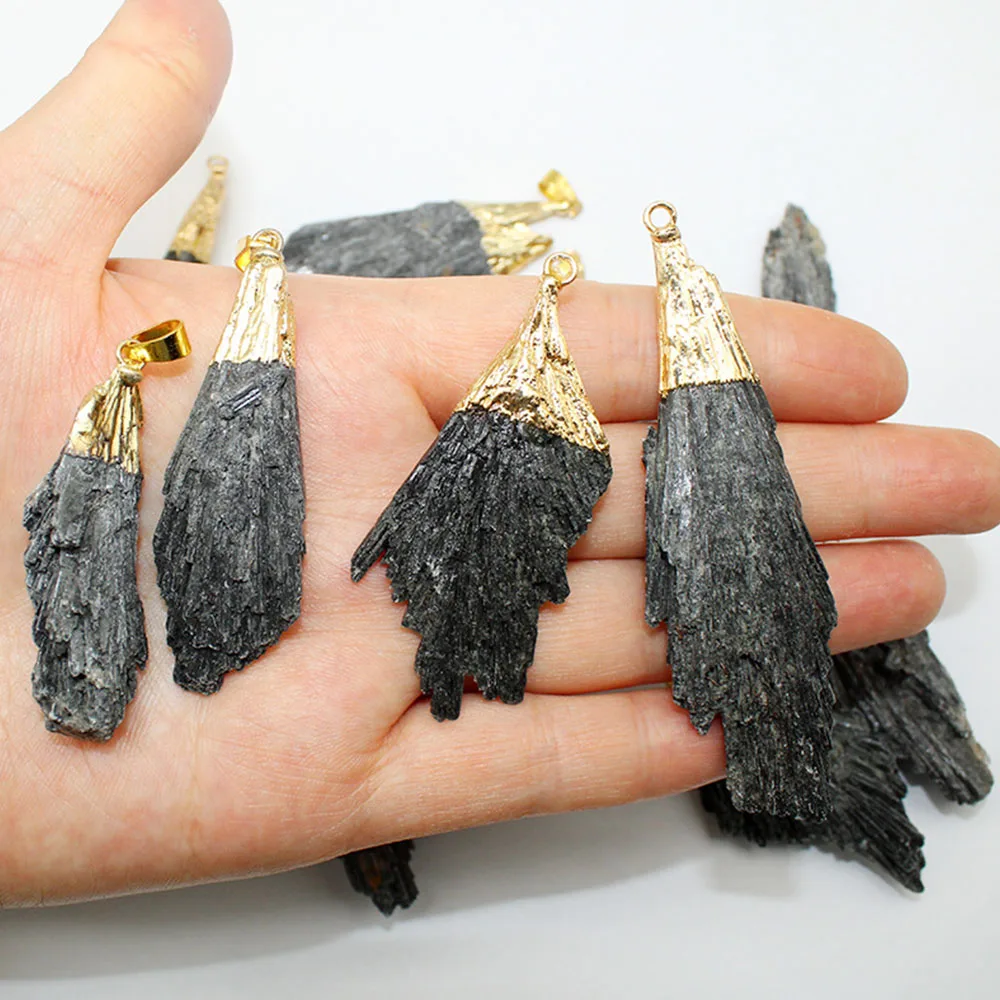 Natural Black Tourmaline Feather Shape Raw Stone Pendant with Gold Cap Wrapped Irregular Mineral Specimen