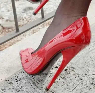 

Sexy Red Shiny Patent Leather Peep Toe Hollow Cuts Out 16 CM Stiletto Heel Summer Sandals Women Banquet Dress Shoes Size 47