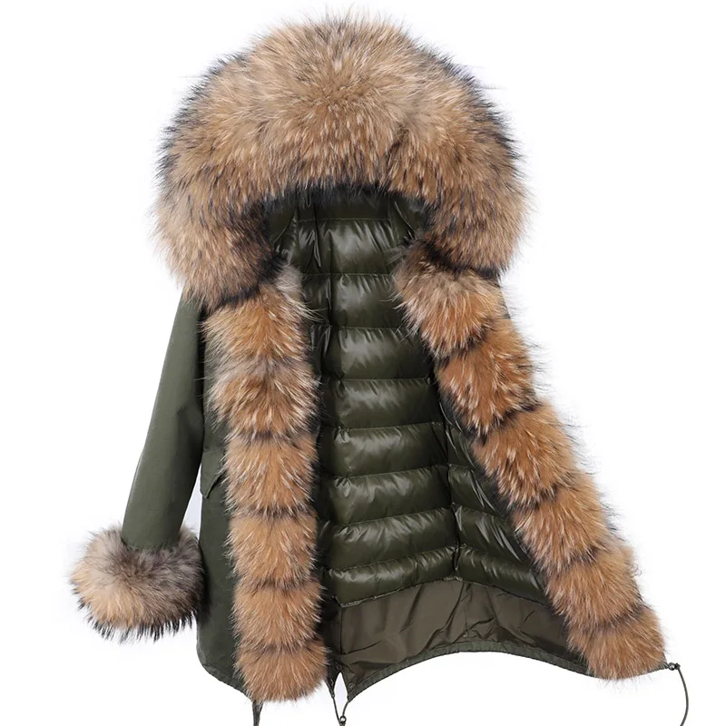 

2023 Woman Parka Long Puffer Coat Winter Hooded Thick Natural Real Raccoon Fur Collar Placket with Cuffs Down Jacket