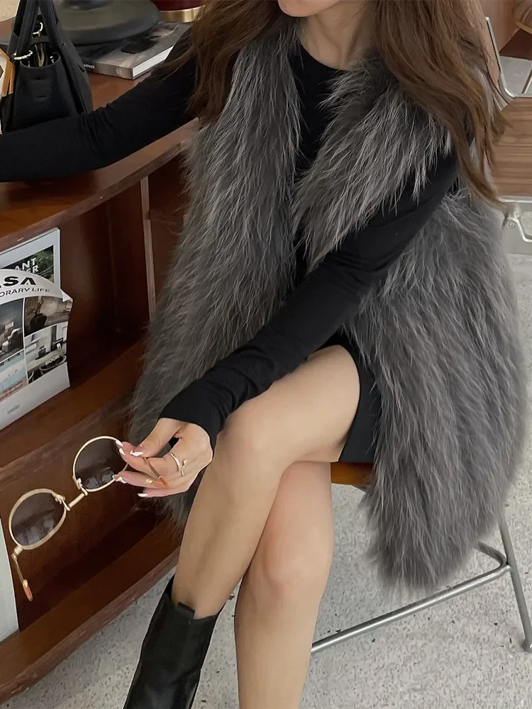 Raccoon Dog Fur Woven Top Loose Medium Length Vest Fur Coat Women Sexy Club Jackets Slim Sleeveless Women's Clothes Four Season