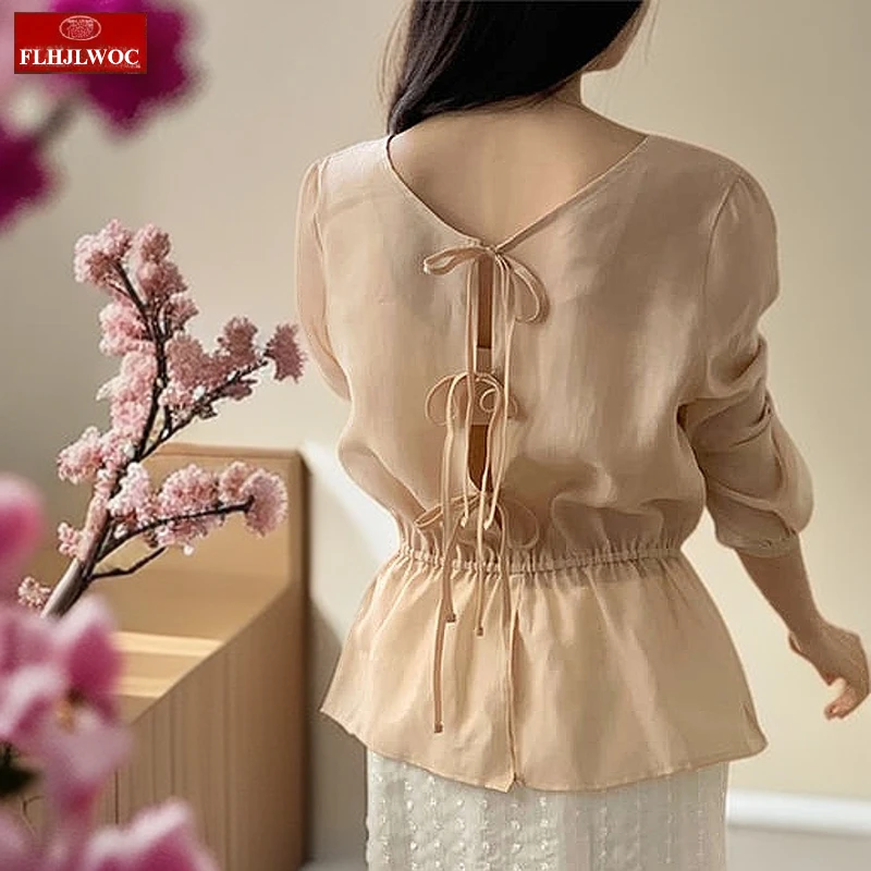 

Thin Transparent French Style Cardigan Sun Protection Shirt Women Chic Korea Holiday Bow Tie Peplum Cross Criss Tops Blouse