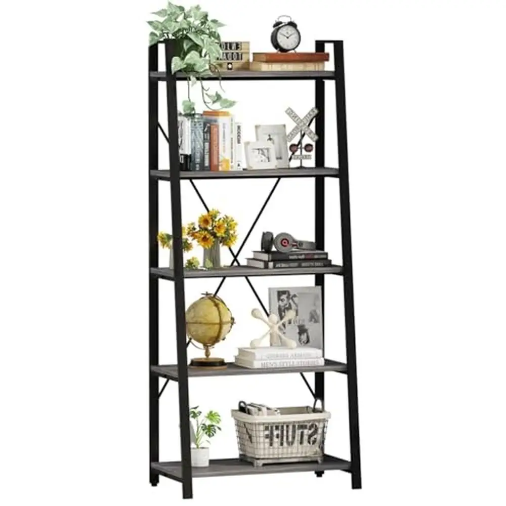 Industrial Metal 5-Tier Leaning Bookcase with Adjustable Feet Rustic Wood Shelves Living Room Bedroom Kitchen Office Dark Grey