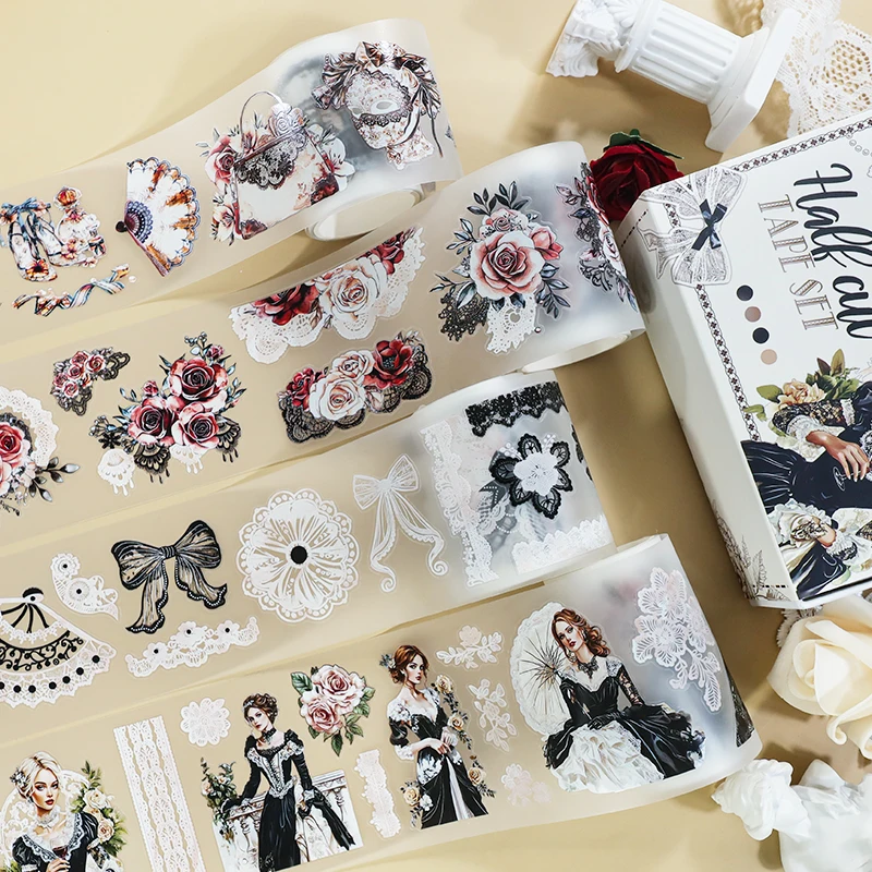 4 Rolls/Set Elegant Black Dress Girl PET Washi Tape Red Rose Decorative Masking Tape for Sticker Scrapbook Journal Stationery