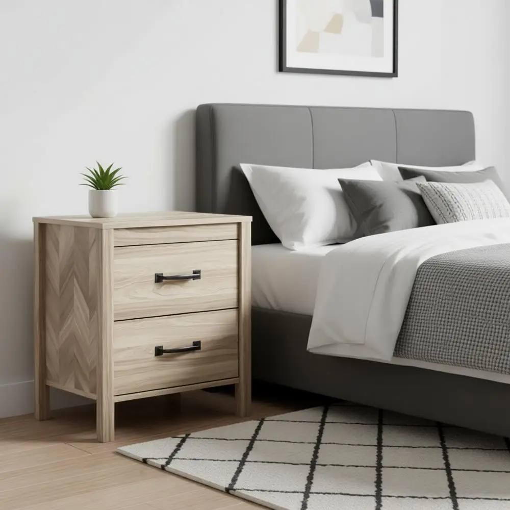 

Chevron Patterned Nightstand with 2 Drawers, Light Brown Wood, 24.5 High