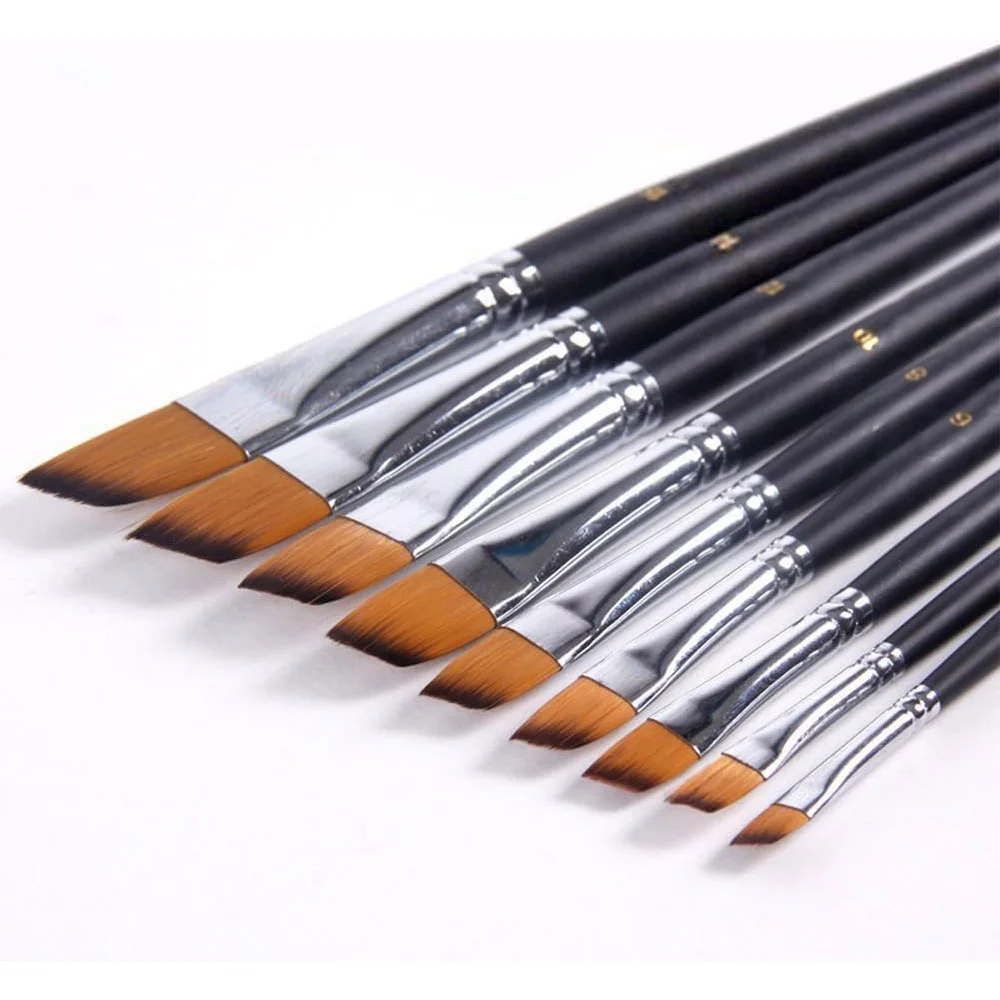 9pcs Oblique Tip Nylon Hair Long Handle Angled Paint Brushes Set Art Artist Professional Painting Supplies for  Watercolor