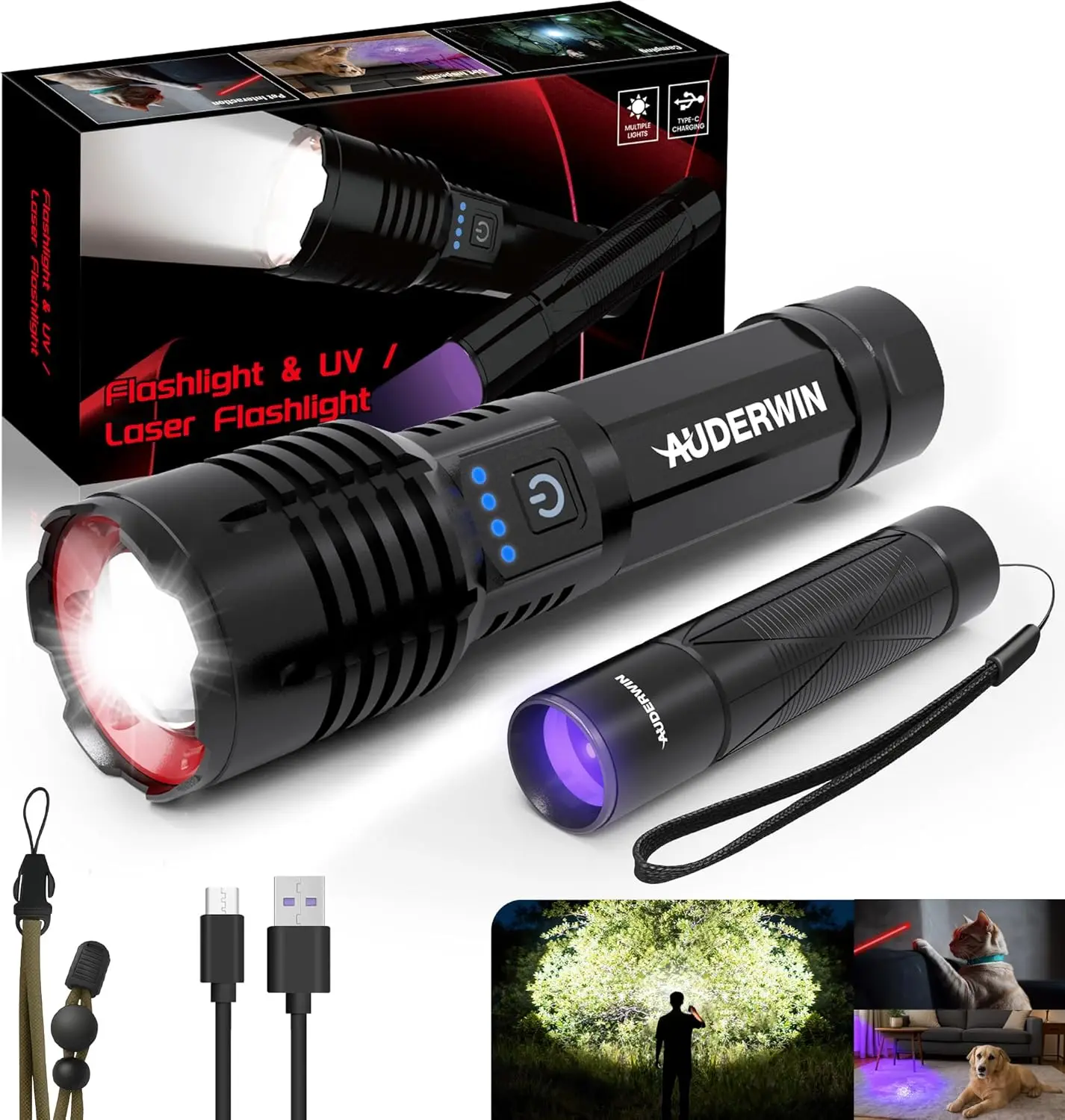 

10000 Lumens Rechargeable Flashlight with UV Black Light & Laser Pointer for Camping Emergency Detection Gifts Men