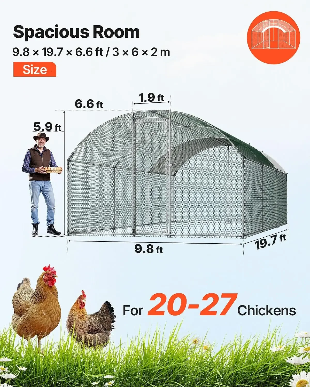 Large Metal Chicken Coop with Run, 19.6 x 9.8 x 6.5 ft Walkin Chicken Coop for Yard with Waterproof Cover, Dome Roof Large Poult