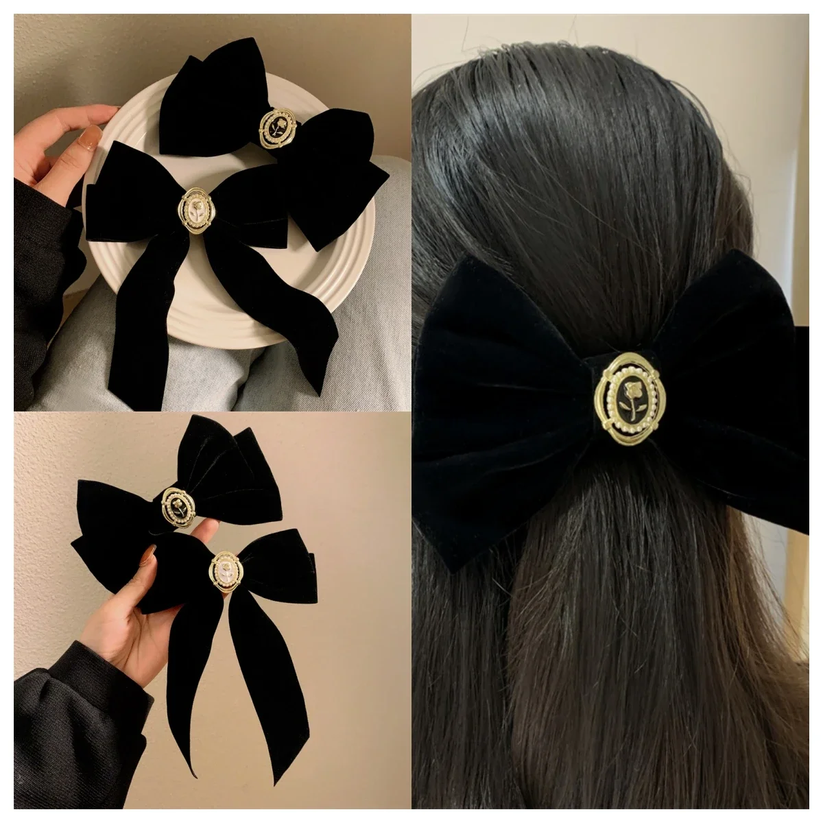 

French Elegant Velvet Bow Ponytail Clip Women Girls Vintage Rose Flower Hair Clip Fashion Heawear Ponytail Barrettes Accessories