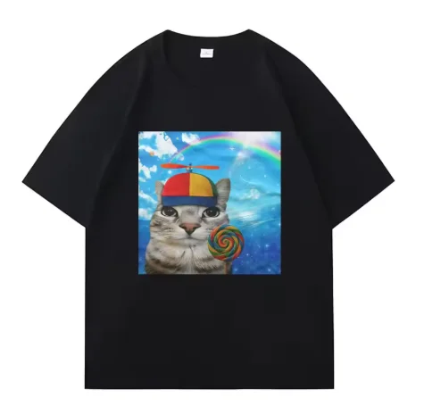 Greetings Huzz T-shirt Silly Cat Meme Printed Summer Hip Hop Women Crewneck Shortsleeve Casual Y2k Tshirt Clothing