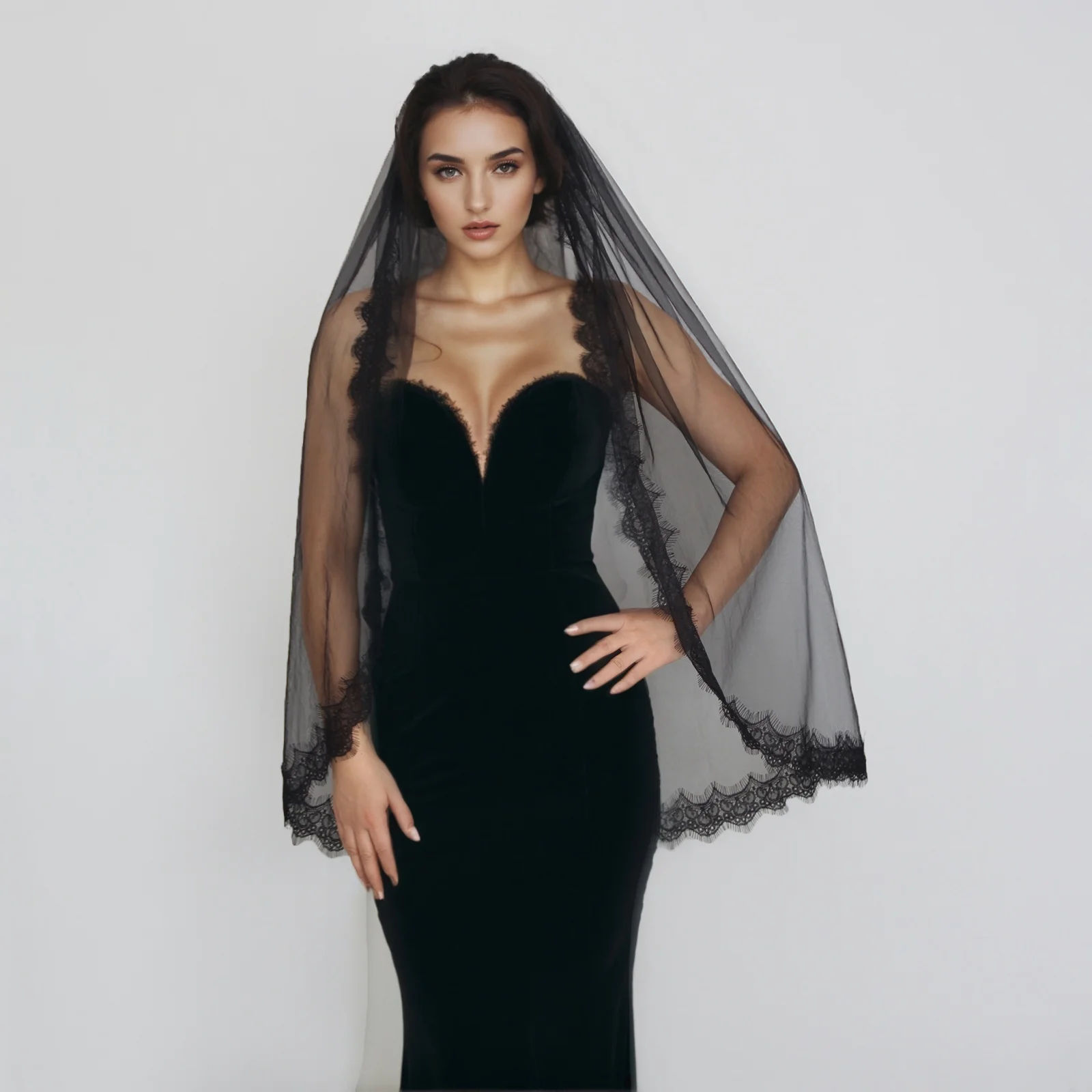 Gothic Black Bridal Veil with Eyelash Lace Halloween Soft 1 Tier Wedding Veil Funeral Widow's Veil Black Veil with Comb G154 image 2