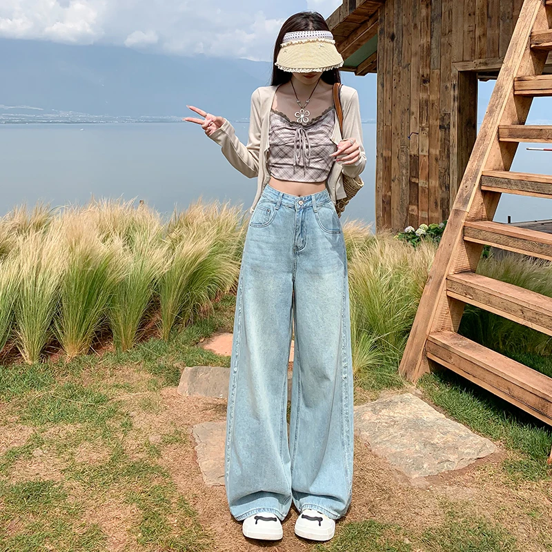 Jeans For Women Straight Leg Denim Pants 2026 Spring Fashion Wide Bottom Trousers Classic Blue Vintage Long Length Comfort Fit