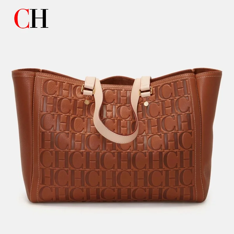 

CH Womens Embossed Logo Tote Bag Shoulder Handbag with Beige Handles Large Capacity Top Handle Bag for Work Travel Daily Use