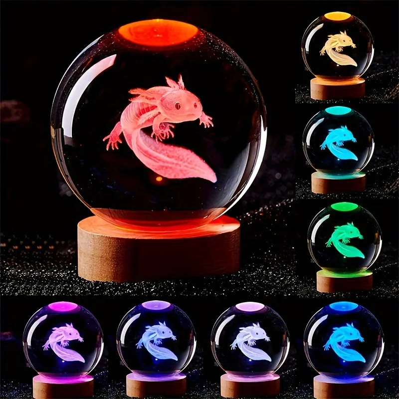 3D Axolotl laser engraved Crystal Ball coloured night light,girlfriend classmate wife children birthday gift home decoration