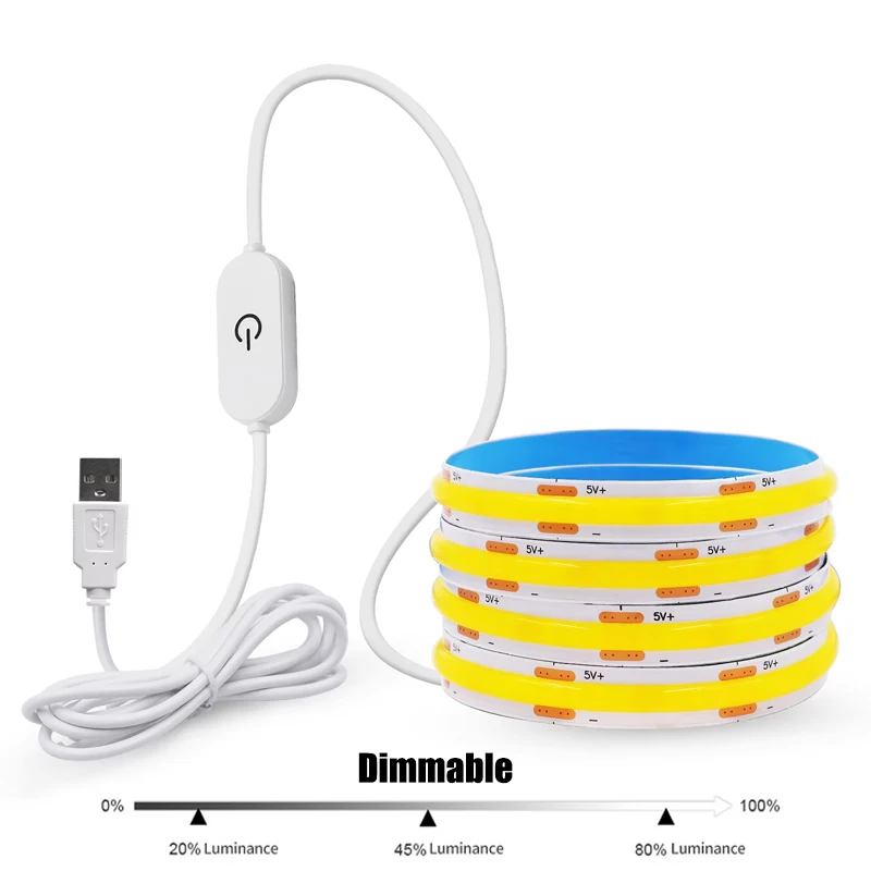 USB High-Density-COB-LED-Streifen mit Touch-Dimmer, keine dunklen Stellen, flexibel, selbstklebend, lineares Licht für Spiegel, TV-Hintergrundbeleuchtung, DIY-Dekoration