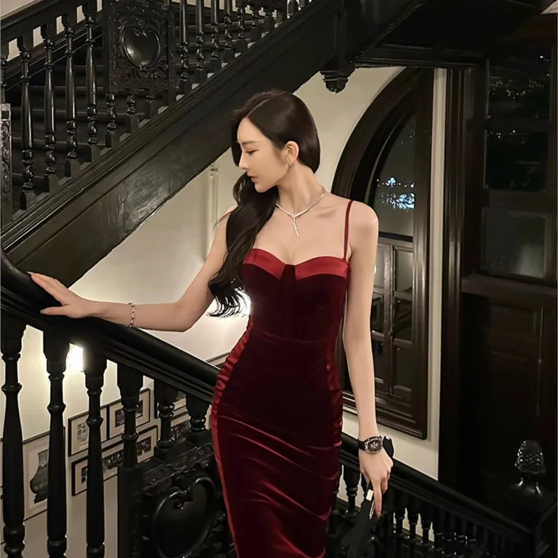 Red velvet spliced acetate strap fish bone waist slim-fit hip wrap dress