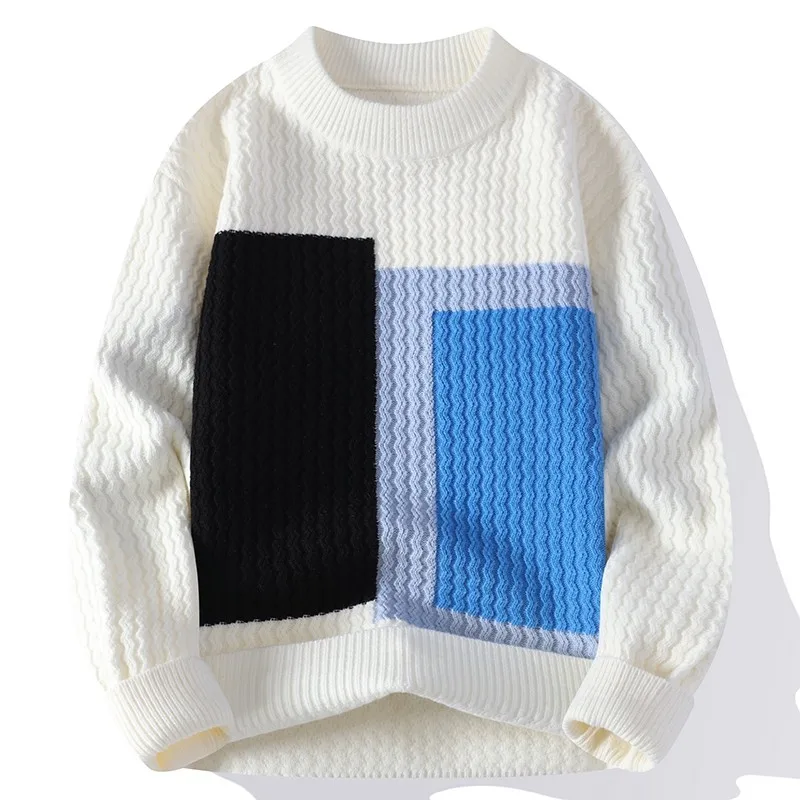 

Осенне-зимний повседневный универсальный мужской вязаный свитер с контрастными цветами, утепленный, с длинными рукавами, теплый топ из смесового полиэстера