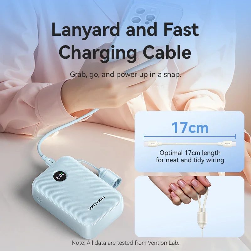 Power Bank Vention 20000 мАч, 22,5 Вт со встроенным кабелем USB-C, быстрой зарядкой, съемным ремешком, компактное зарядное устройство, безопасное в самолете