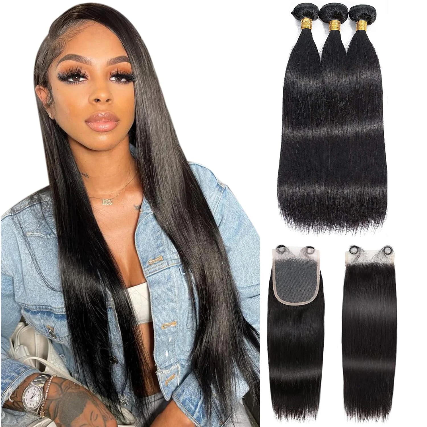 

Alipretty Straight Human Hair Bundles With 5x5 HD Lace Closure For Women 5x5 Lace Closure And Bundles 100% Natural Hair Weave