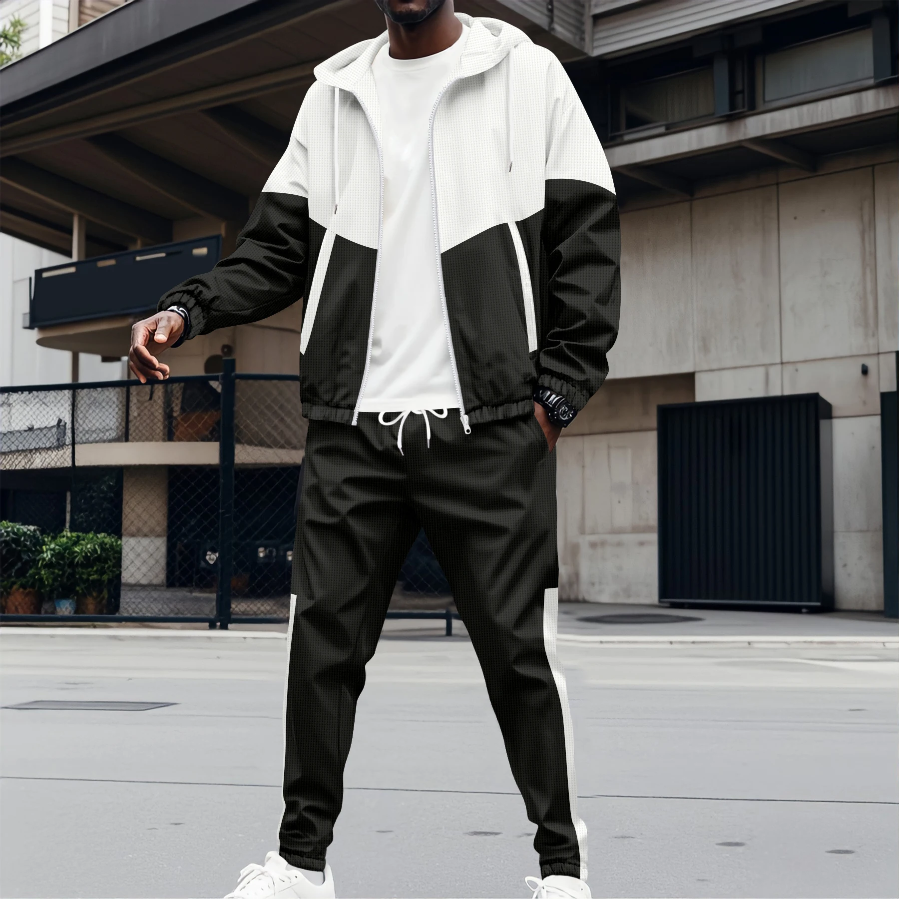 

2026New Men's 2 Piece Tracksuit Black & White Color Block Zip Up Hooded Jacket & Drawstring Pants