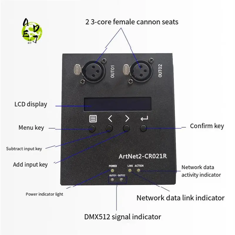 

AED7-1 шт. Artnet DMX 512, интерфейс контроллера освещения Ethernet, 2 конвертера, сенсорный разъем MA2, вилка стандарта США