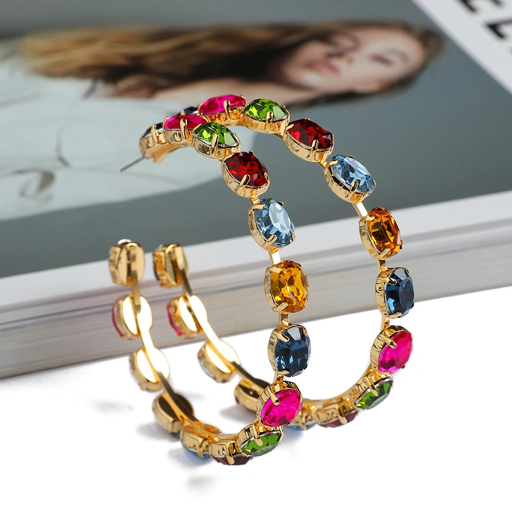 Fashion Vintage Jewelry Big Round Earrings For Women Trend Luxury Colorful Crystal Unique Minimalist Ear Accessories Wholesale