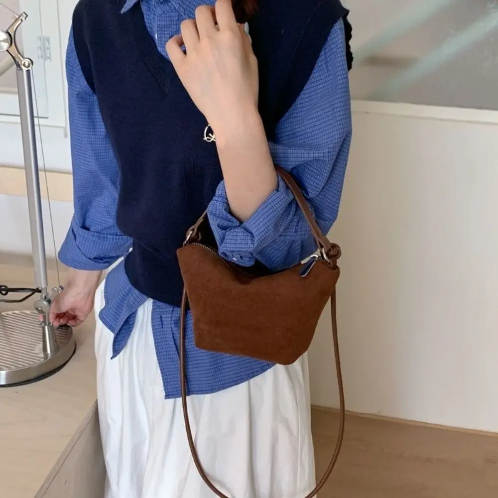 Casual Korean Suede Handbags Leisure Small Frosted Shoulder Purse Candy Color Zipper Crossbody Bags Ladies