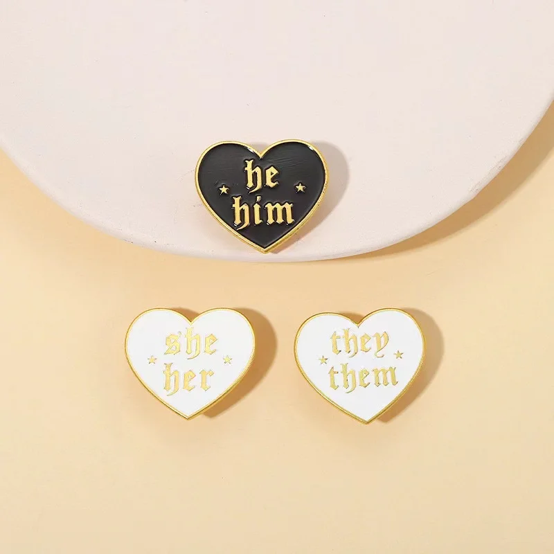 Black And White Heart Feminist Enamel Pins Custom He Him She Her Pronoun Lapel Badges Backpack Jewelry Gift For Friend Wholesale