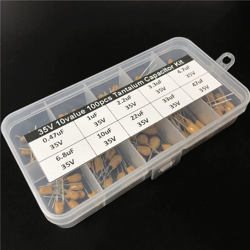 10values 100pcs 35V 0.47uF 1uF 2.2uF 3.3uF 4.7uF 6.8uF 10uF 22uF 33uF 47uF tantalum capacitor assorted kit with storage box