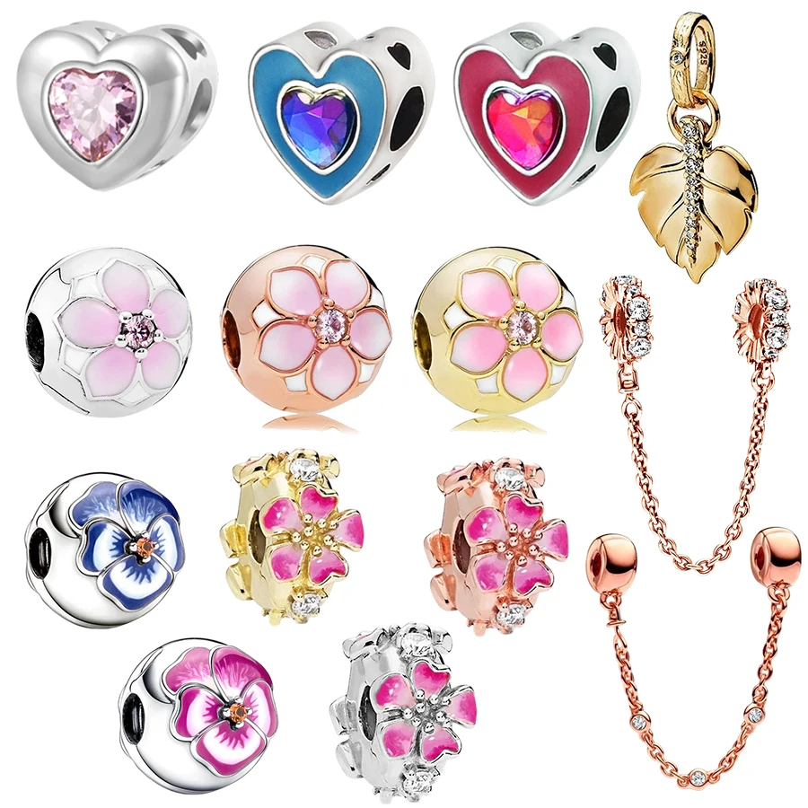 

Новый DIY розовый зажим с цветком анютины, сердце жизни и тройной прозрачный камень, защитная цепочка, подвеска, подходит для оригинального серебряного браслета, ювелирное изделие, подарок