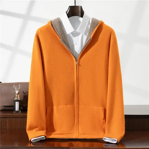 New Reversible 100% Pure Wool Sweater Men's Hooded Zipper Knitted Cardigan Thickened Cashmere Sweater Coat Top