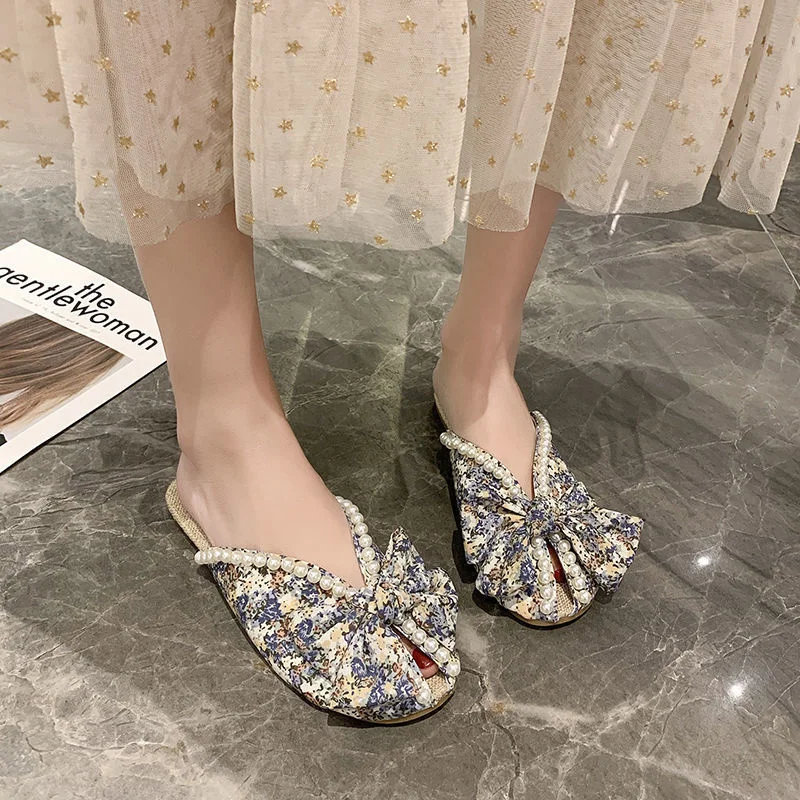 Women Slippers Summer 2022 New Fashion Flower Pearl Bow Sandales Femmes Sandalias Sweet Shoes Women Flat Slippers for Women