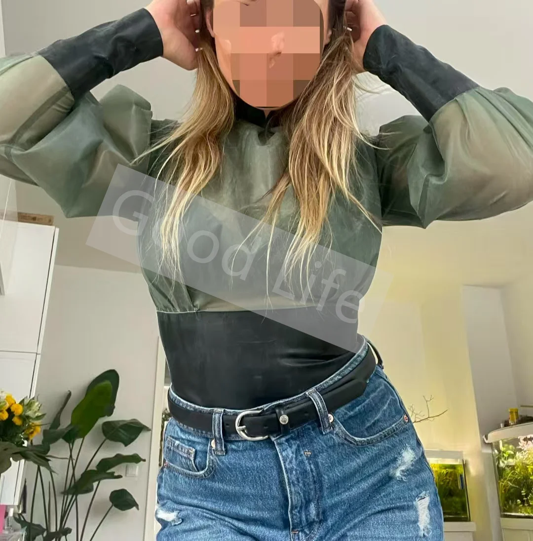 

Handmade Sexy Bodysuit Natural latex Lady's Long Sleeve Loosen Shirt Latex Woman Top With Black Deco Lady' Blouse Back Zipper