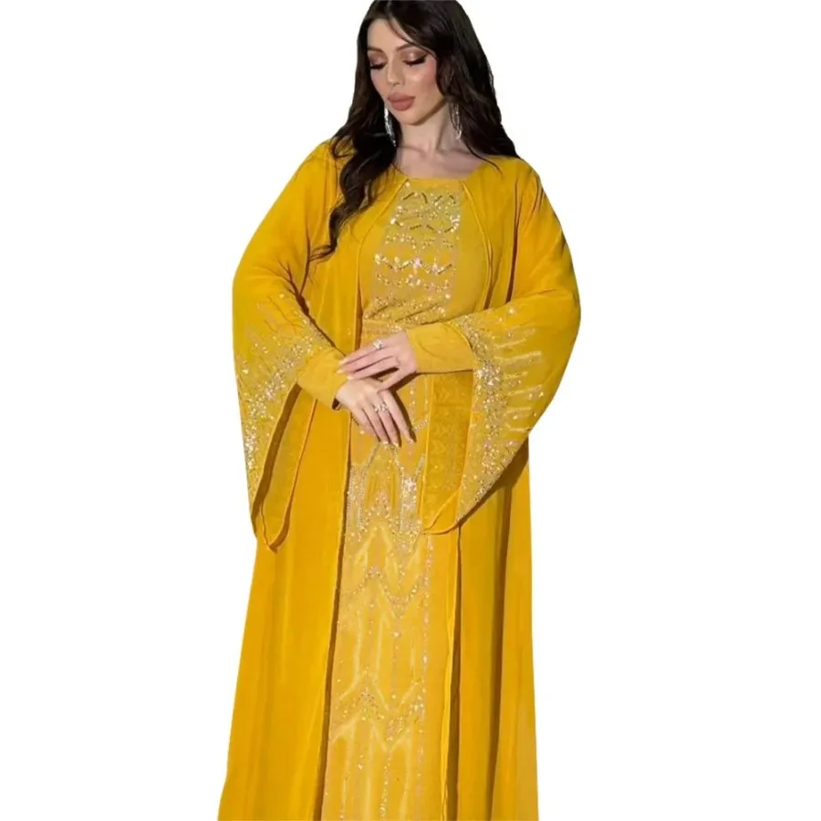 Abaya-Robe de soirée maxi à manches longues et col en V pour femmes musulmanes, vêtements caftan, tenues de soirée, mode de Dubaï, automne 2024