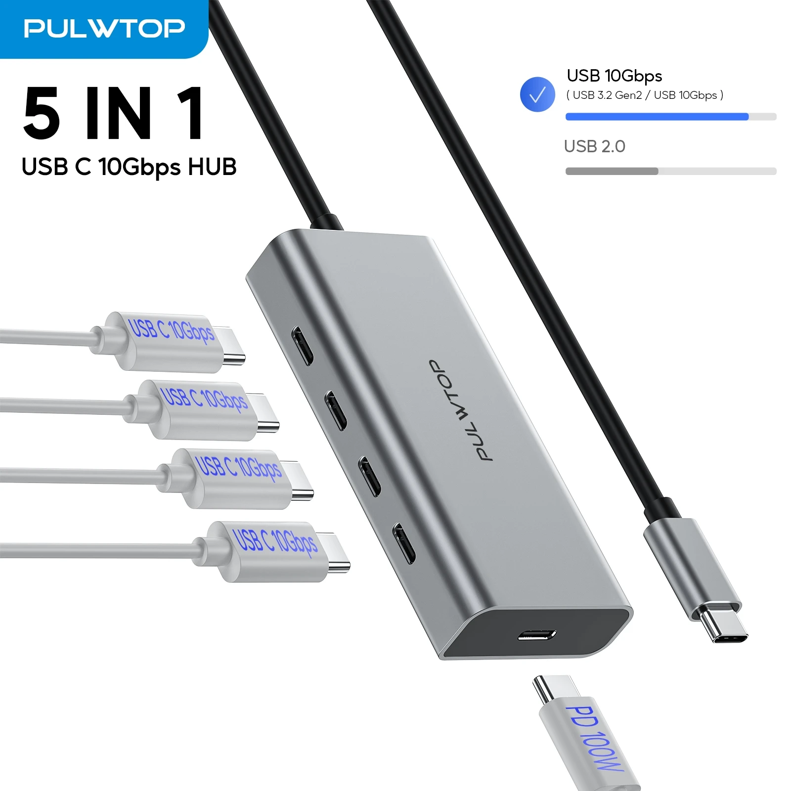 PULWTOP 5Port USB C Hub 10Gbps for Laptop 100WPD (Not Support Monitor) USB C Multiport Adapter for MacBook Pro, Chromebook, iMac