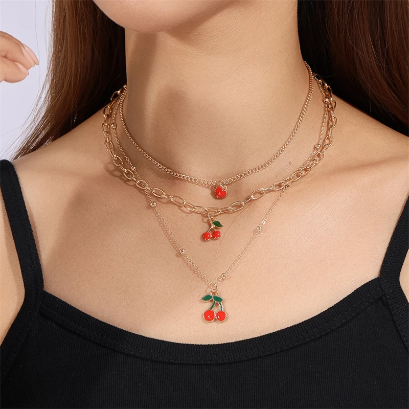 Modische Halskette mit rotem Kirschanhänger für Damen und Mädchen, mehrschichtige Halskette, Geschenk, Party, Festival, Schmuck, Dekoration – Detail 3