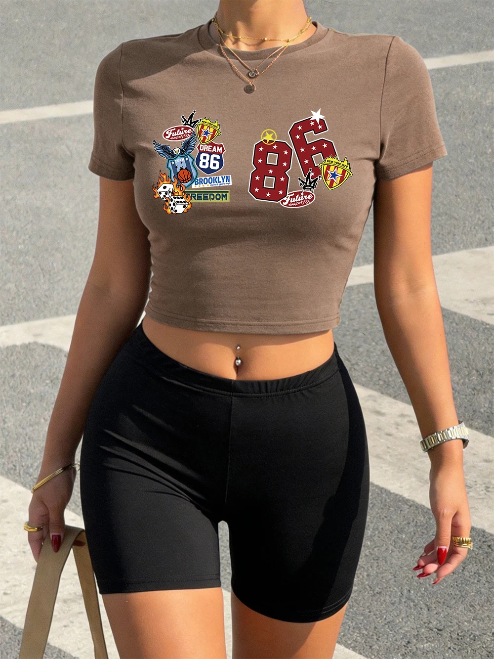 

Summer Brooklyn 86 Jersey Printed Crop T-Shirts & Shorts Woman Two Pieces Set Tops Pants High Elastic Soft Slim O-Neck Clothes