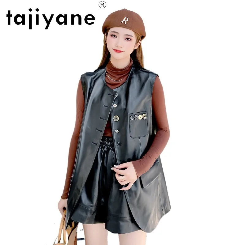 TAJIYANE Black Sheepskin Genuine Leather Jacket Woman Mid Length Leather Vest Round Neck Jackets for Woman Outer Veste Femme